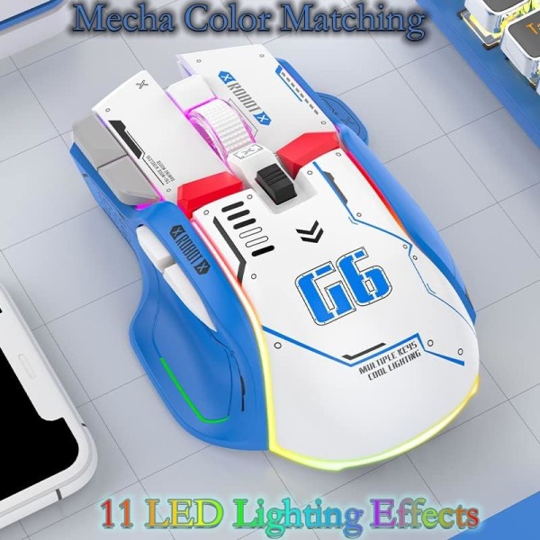 G6 Trådlös spelmus, Bluetooth-mus, 3-lägesanslutning, Mecha-stil design, 12 knappar, 11 RGB-belysning, 5 justerbar DPI, 4000 FPS, Ergonomi white