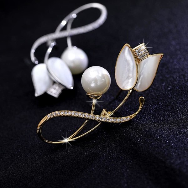 Skjell Tulipan Blomster Brosje Pin for Kvinner Jenter Mote Krystall Delikat Perle Rhinestone Slips Nål Elegant Kjole Tilbehør Smykker Boutonniere