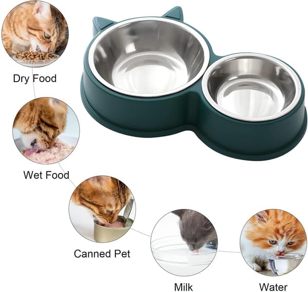 Set med dubbla kattmatskålar i rostfritt stål, halkfri bas, diskmaskinsäker - för torr- och våtfoder, söt kattdesign (Grön)