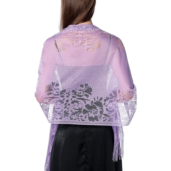 Blommig spetshalsduk för kvinnor med tofsar, mesh nätfransar för bröllopsfestklänningar 180 cm lila