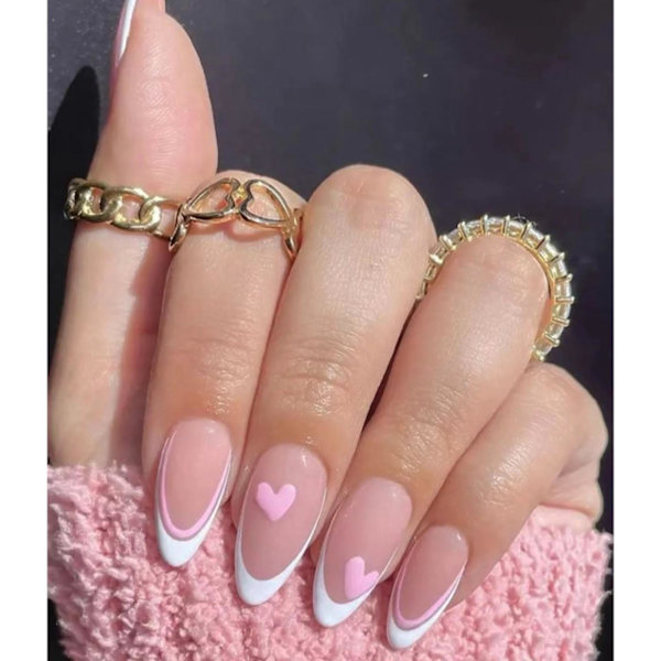 Franska falska naglar, 24 st franska tippar tryck på naglar, falska naglar med mandel medellång design, vita nageltippar falska naglar med rosa hjärtmönster