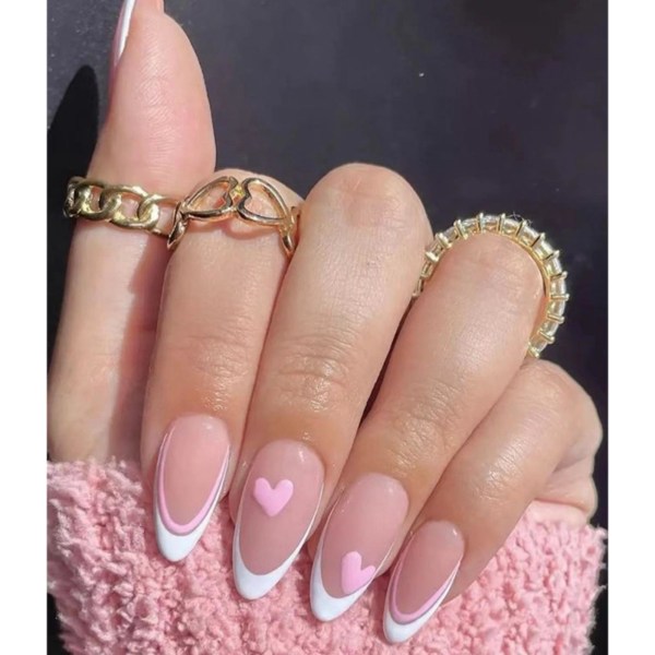 Franska lösnaglar, 24 st franska spetsar tryck på naglar, falska naglar med mandel medellängd design, vita nagelspetsar falska naglar med rosa hjärtmönster