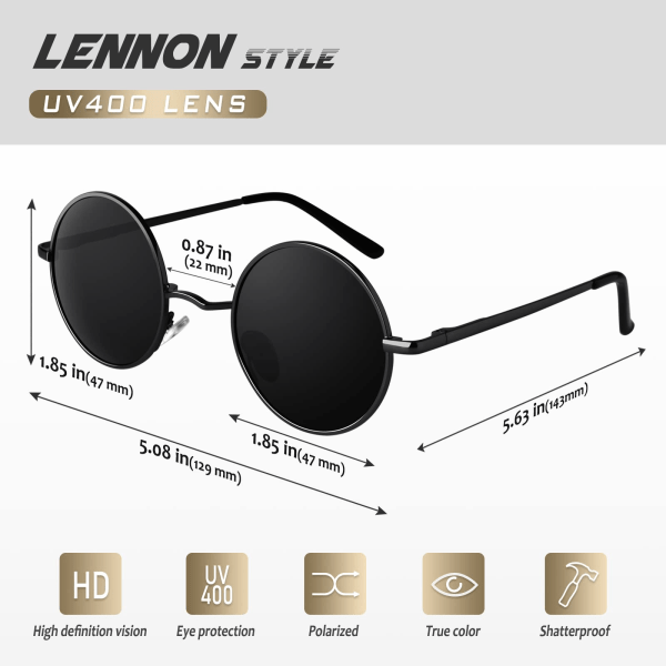 Retro runda solglasögon Vintage Style Lennon Inspirerade Metal Circle Polarized Solglasögon för kvinnor och män