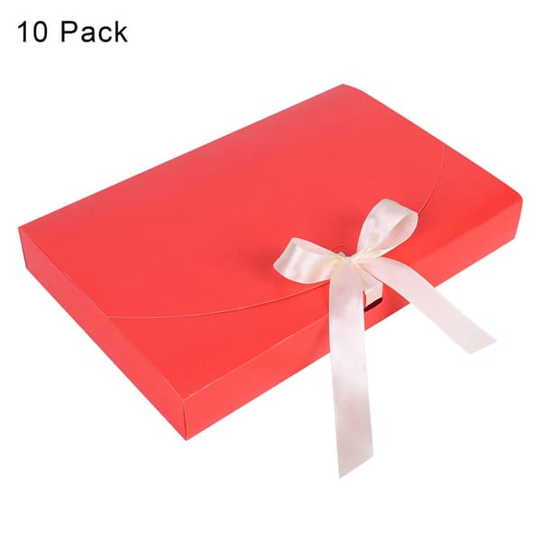 10 st presentförpackning, rektangulär kartongpresentask 26 * 17,5 * 3 cm med lock & dekorativt satinband, texturerad presentask, röd red