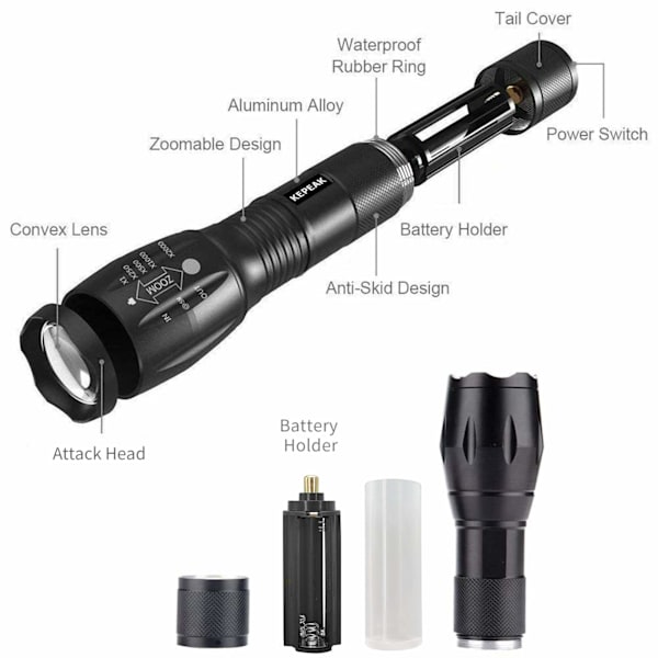 LED lommelygte, 5 tilstande taktisk, IPX5 vandafvisende