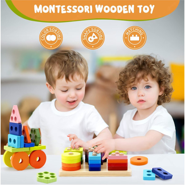 Montessori Utbildningsleksaker för 1 2 3 Åriga Småbarn Träsortering och Staplingsbräda, 24st Formgradientfärgade Geometriska Block Tjocka Pussel