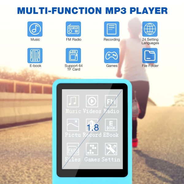 MP3/MP4 digital musikafspiller, HiFi-tabsfri lydmusikafspiller med musik/video/stemmeoptagelse/FM-radio/e-bogslæser (lyseblå)