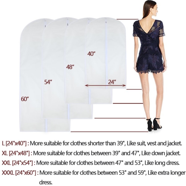 Beklædningspose Klar 60 x 120 cm (24'' x 48'') Langdragtspose Støvmølsikre beklædningstasker Hvide åndbare fuld lynlås støvbetræk Pakke med 6