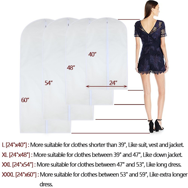 Klart klädskydd 60 x 120 cm (24'' x 48'') Lång kostymväska Dammtät malbevis klädpåsar Vit andningsbar dragkedja Dammskydd 6-pack