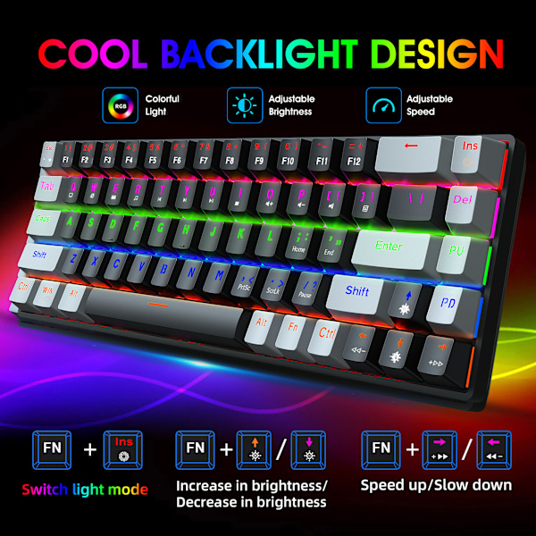 V800 Langallinen mekaaninen näppäimistö 68 näppäintä RGB-pelinäppäimistö irrotettavalla Type-C-kaapelilla ABS-näppäinhattu grey