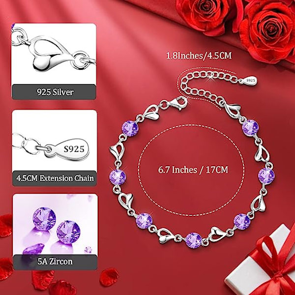 Silverarmband för kvinnor, 925 sterling silver hjärta armband vänskap kristallarmband zirkonia justerbara damarmband, mors dag presenter