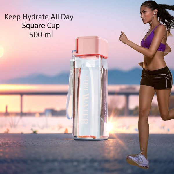 Sportsvannflaske 500 ml, personlig rosa plast bærbar firkantet vannflaske med lokk, lekkasjesikker gjenbrukbar drikkeflaske