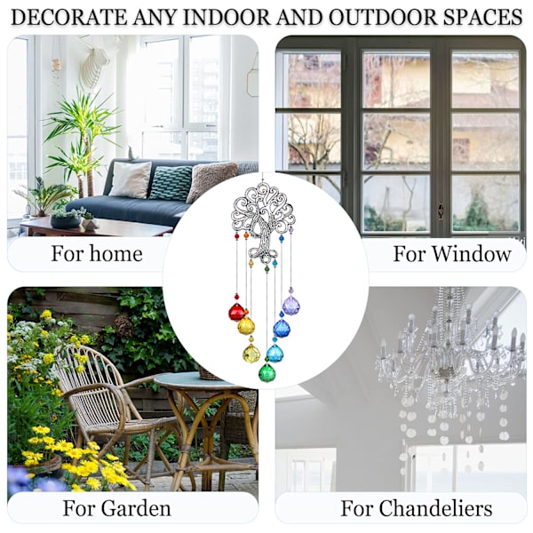 Krystall solfanger Chakra farger ball prisme, Glass livets tre solfanger for vindu, Hengende ornament regnbue anheng