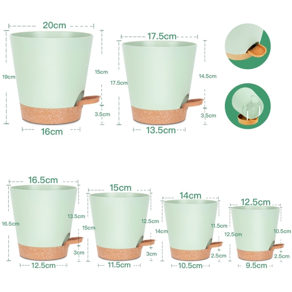 6 st självvattnande växtkrukor inomhus, plastblomkrukor, grön