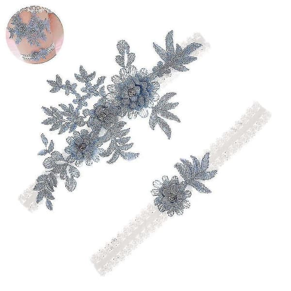 2 st Bröllopsstrumpband Set Spets Brudstrumpband Stretchig Blommig Strumpband För Brud Blå Och Vit Scrollsqy