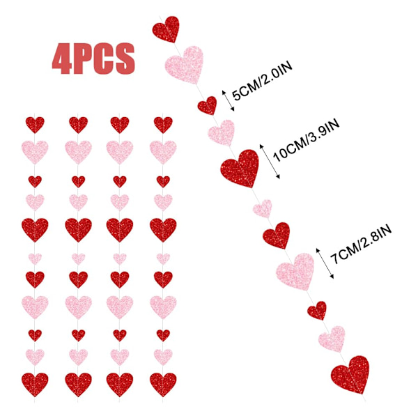 Rød rosa hjertegirlander Valentinsdagdekorasjon, Valentinsdag papirhjertegirlander Festdekorasjon, Glitterhjertegirlander Vimpelbanner