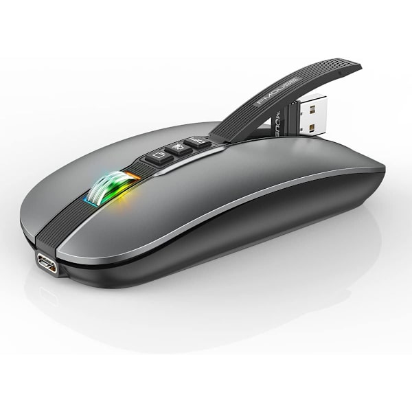 Bluetooth-mus for bærbar PC, slank og stille trådløs reisemus USB C oppladbar 2400 DPI Dual Mode med USB-mottaker grey