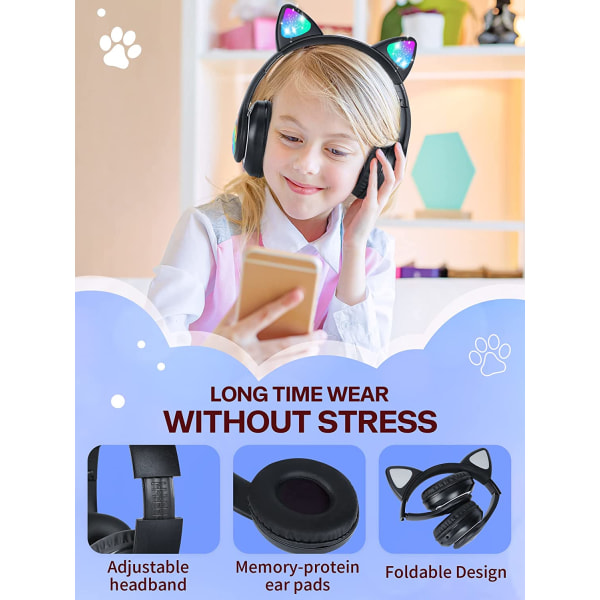 Cat Ear LED Light Up -taitettava Bluetooth kuuloke lapsille