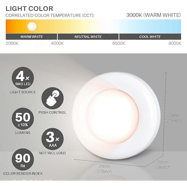 6 st Trycklampa Trycklampor Mini Touch Press Spot Lights Bärbara LED-lampor för inomhusbruk Batteridrivna Pucklampor för underskåp Warm White