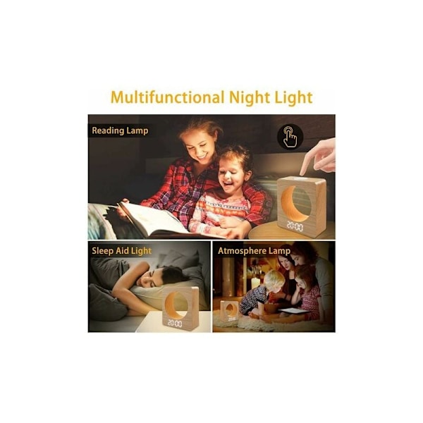Digital LED-väckarklocka i massivt trä (bok) med nattlampa, 3 larminställningar, temperaturdetektering