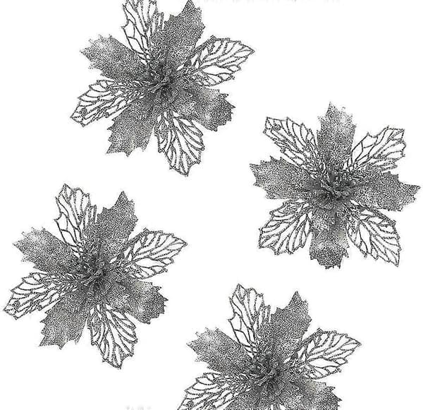 24 stk. Juleblomster, Glitter Julestjerne Juletrepynt og Kunstige Blomster til Jul Silber
