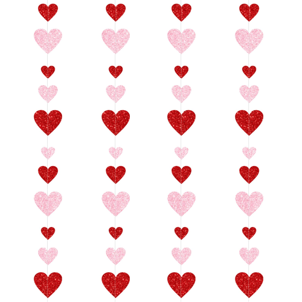 Punainen vaaleanpunainen sydänseppele Ystävänpäiväkoristelu, Ystävänpäivän paperisydänseppele -juhlasisustus, kimalteleva sydänseppeleen banneri