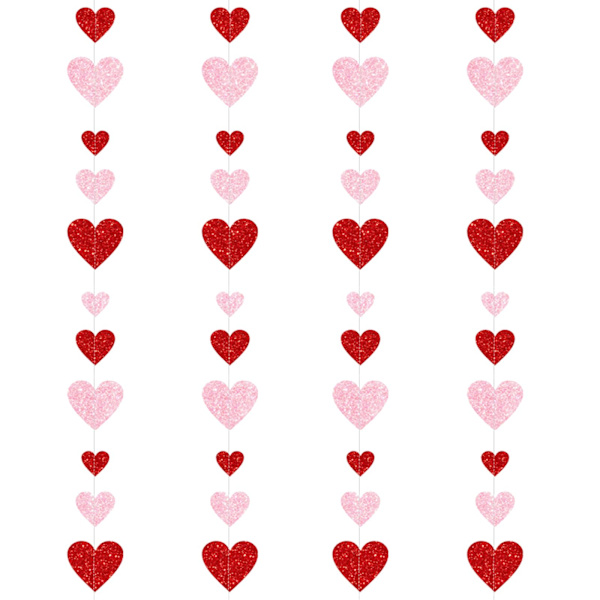 Rød og lyserød hjerteguirlande til Valentinsdag, Valentinsdag papir hjerteguirlande fest hængende dekoration, glitter hjerteguirlande banner