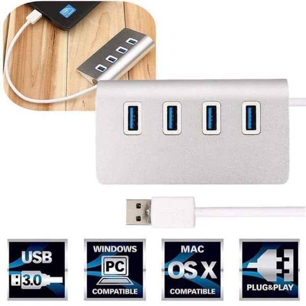 4-port USB 3.0 Hub Splitter - Højhastighedsdataoverførsel til Mac, pc, bærbare computere, smartphones, tablets og pen-flashdrev (SØLV)