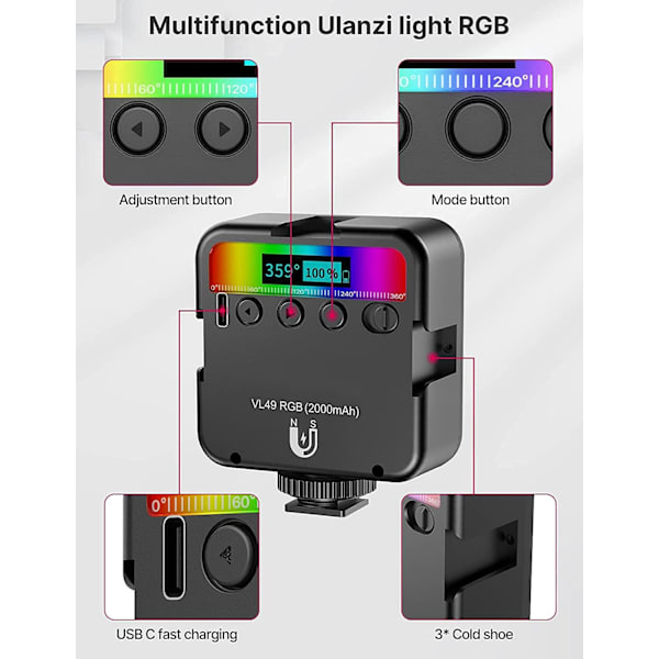 Videovalo RGB, VL49 Kameravalo Mini 360° Täysväri, Valokuvausvalot Ladattava 2500K-9500K, Led-paneeli Valokuvausvalaistus