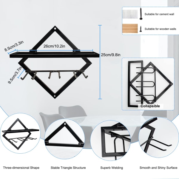 2 stk. Metal vægmonteret vinholder til vinglas, sammenklappelig vægmonteret rødvinholder med 3 vinglasholdere, vinopbevaringsophæng, sort black（A)