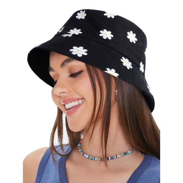 Bucket Hat Women - Reversible Cotton Fisherman Hat Beach Sun Foldable Double-Sided Bucket Hats Daisies Print Aesthetic Cap black 56－58cm