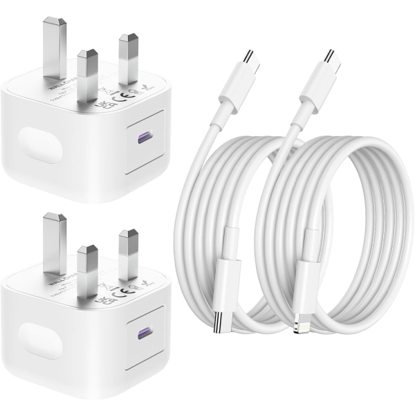iPhone-lader, 2Pack 20W USB C hurtigladeradapter med 6FT USB C til Lightning-kabel og USB C til C-kabel for iPhone