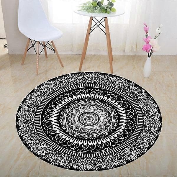 Rundt Tæppe 100cm Sort Mandala Blødt Badeværelsestæppe Skridsikkert Vaskbart Accent Kast Fluffy Gulvmåtte til Entré