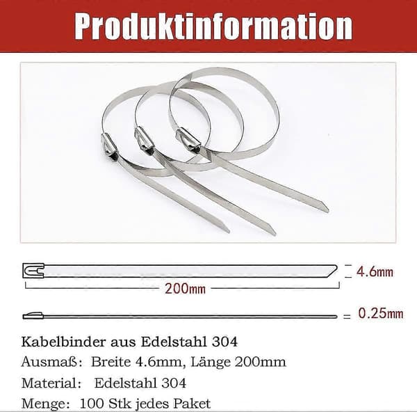 100 Stk. Kraftige Kabelbindere, Rustfri Stål Kabelbindere Selv-låsende Stål Kabelbindere 4.6x200mm