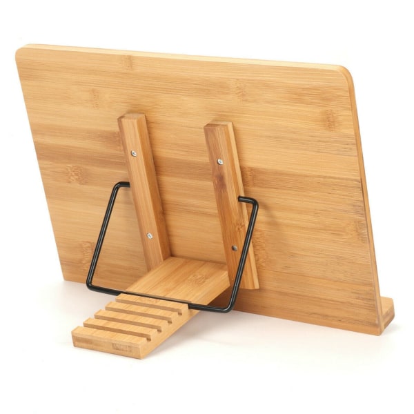 Bambu bokställ | Bok & surfplatta | Kokboksläshållare med 2 sidhållare i metall | Fällbart och justerbart stativ | Receptbokshållare