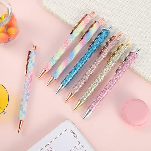 7 st kulspetspennor, 1,0 mm klickkulspetspennor Bling metallpennor