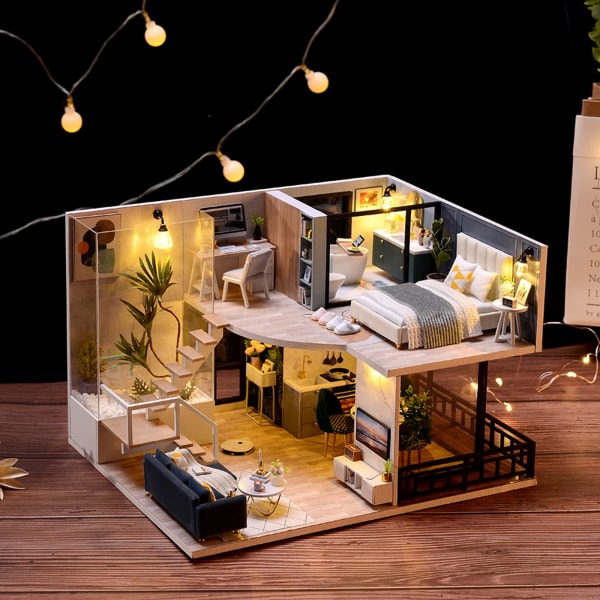 Gör-det-själv-trädockhuskit, dockskåpsminiatyr med möbler