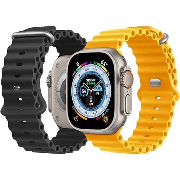 Kompatibel med Apple Watch Ultra 2 Pack Ocean Strap 49mm 45mm 44mm 42mm, mykt silikon sportsbånd for iwatch Series Ultra 8 7 6 5 4 SE black/yellow 42/44/45/49MM