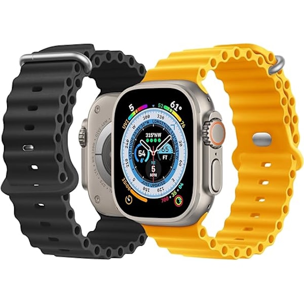 Yhteensopiva Apple Watch Ultra 2 Pack Ocean -rannekkeen kanssa 41mm 40mm 38mm, pehmeä silikoninen urheiluranneke iwatch Series Ultra 8 7 6 5 4 SE:lle black/yellow 38/40/41MM