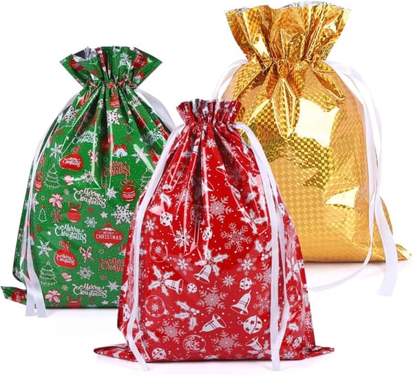43 * 58cm Stor Julväska med Dragsko, 3-pack Julklappsväska med Snöre för Julfest