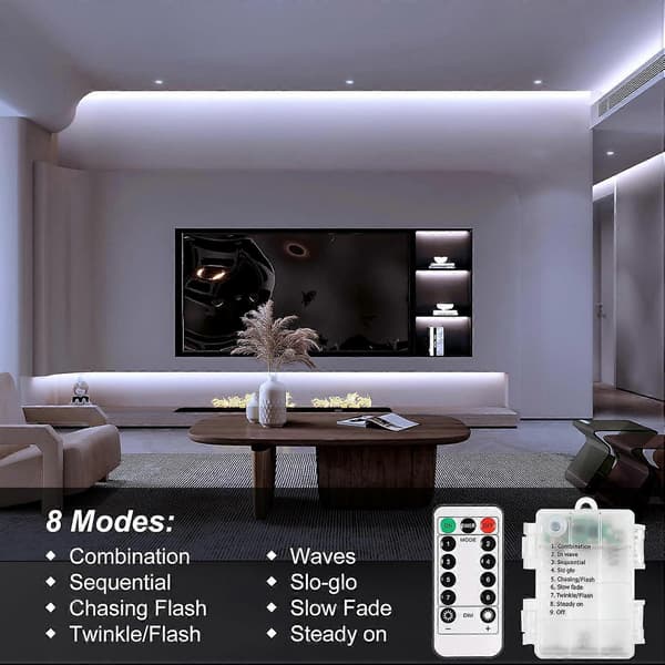 3m Batteri LED Strip Lys med Fjernkontroll, Vanntett, 8 Moduser, Dimbar, Timer, Selvklebende Klippbar