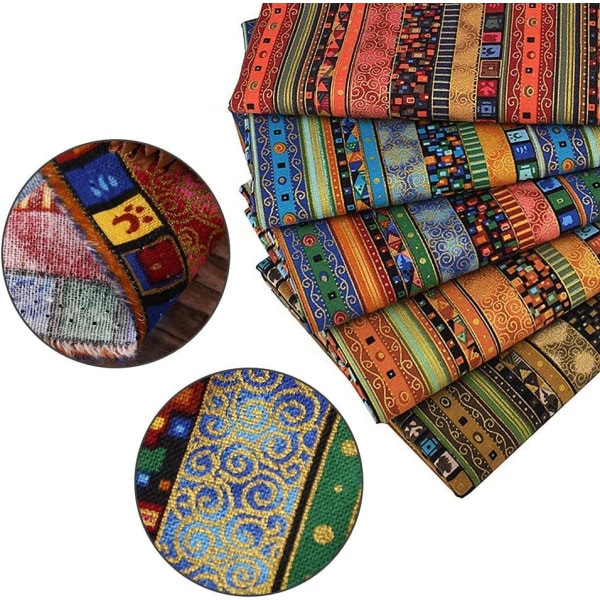 5 stykker stoff med etnisk mønster i bomull og lin (50×40 cm)