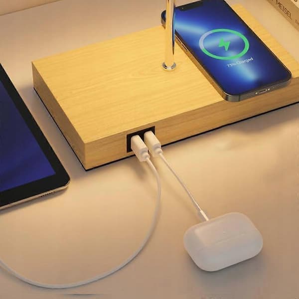 Bordlampe med E27 LED-pære, skrivebordslampe, trådløs oplader, 2 USB