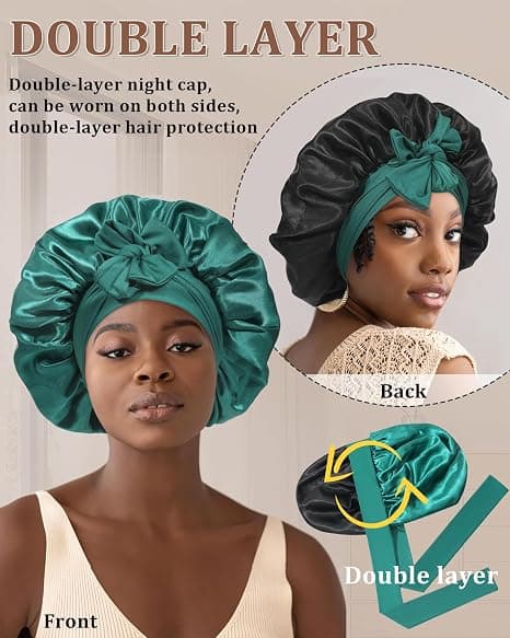 Satin Bonnet för Sömn Kvinnor Dubbellager Hårmössa med 2 st Hårsnoddar Elastiskt Band Nattmössa Dark Green+black