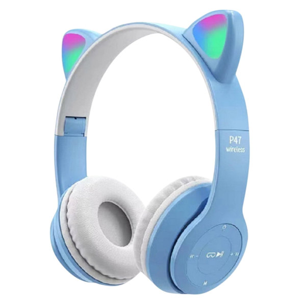 Kattöronhörlurar Trådlöst Gaming Headset med Stereo Bas Inbyggd Mikrofon & Anpassningsbar Belysning och Effekt (blå+vit) blue+white