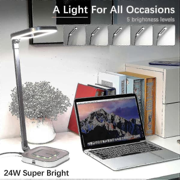 Multifunksjonell LED-skrivebordslampe med 10W rask trådløs lader og RGB-stemningslys
