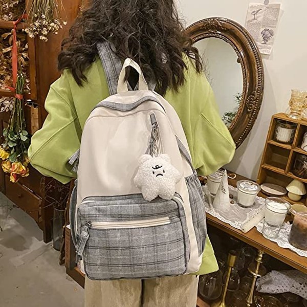 Kawaii ryggsäck med hänge Söta rutig ryggsäckar (grå)