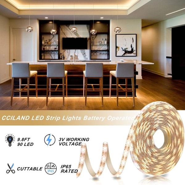 3 m batteri LED-lampor med fjärrkontroll, 90 LED-lampor vattentät, 8 lägen, dimbar, timer, självhäftande, skärbar (varm vit)