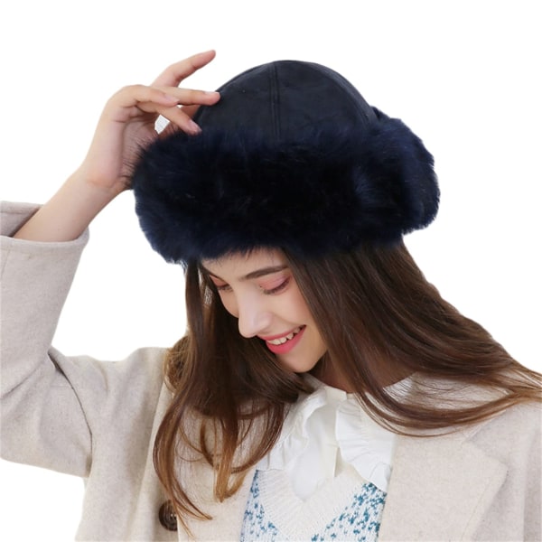 Damelue for vinter Cossak Russisk stil lue Flurry Fleece Fisherman Fashion Warm Cap (marineblå) navy blue