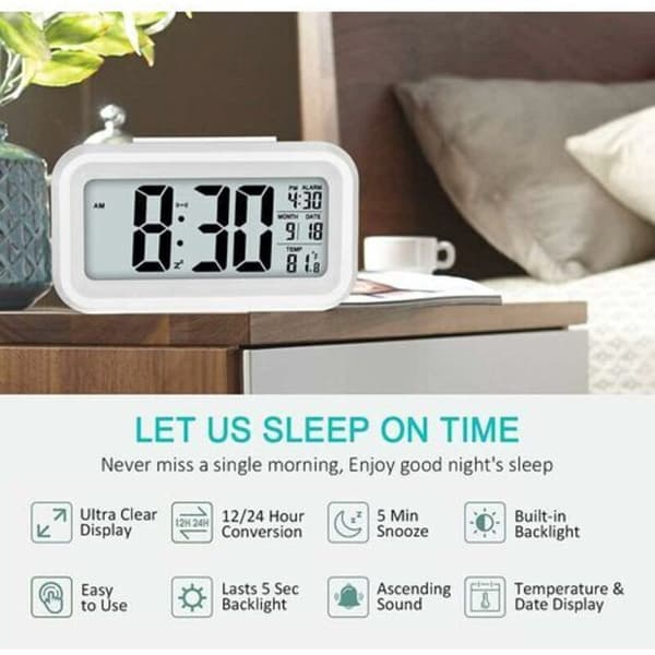 Digital Väckarklocka, Batteridriven Tyst Digital Klocka för Barn Vuxna Stor LED-Display Temperatur Kalender (Vit)